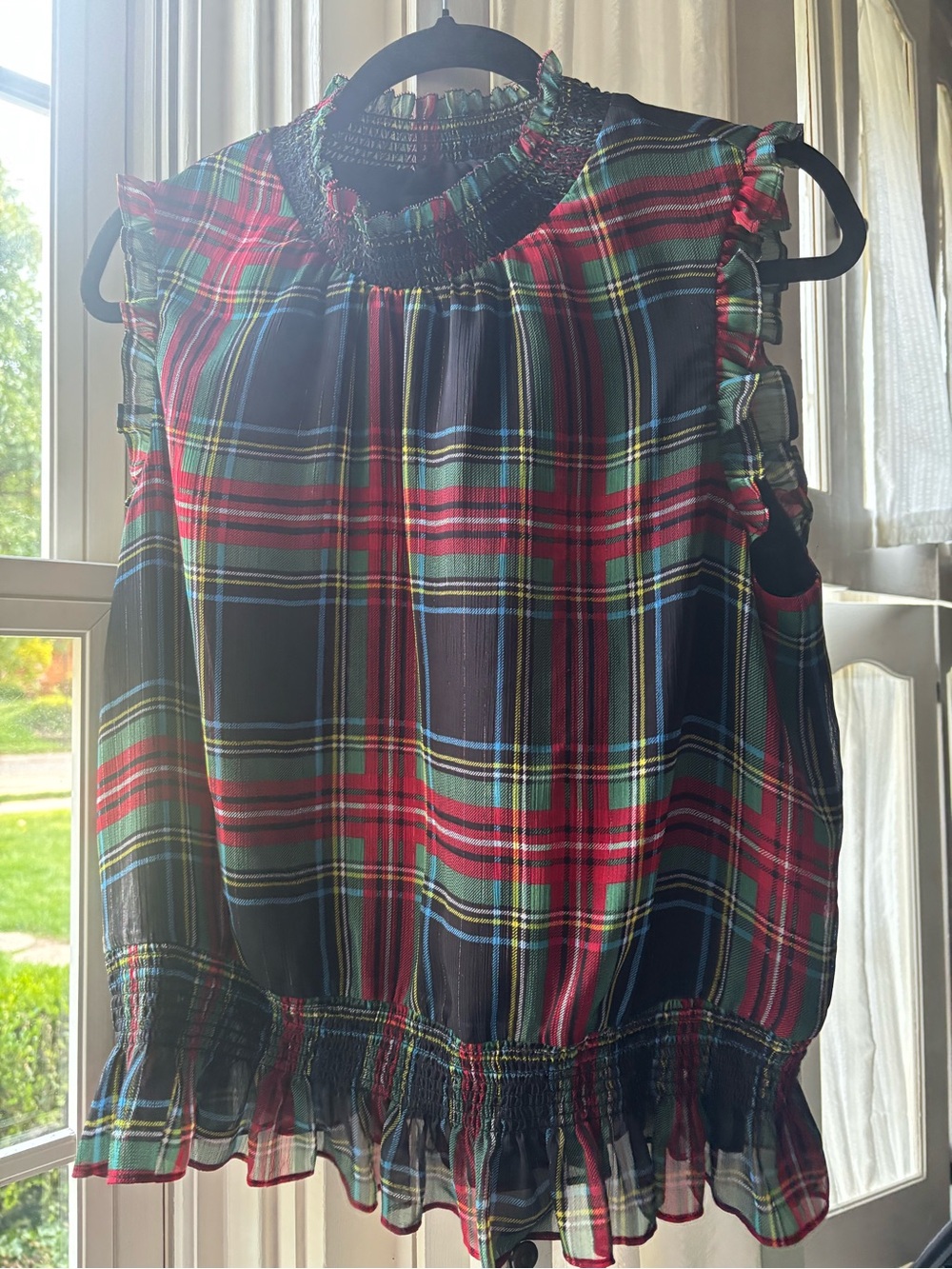 J.Crew Gilded Stewart Tartan Plaid Smocked Peplum Blouse Size 12